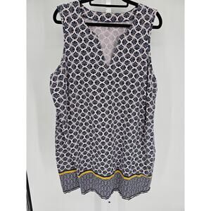Lands' End Sleeveless Navy and White Printed Shift with Yellow Trim